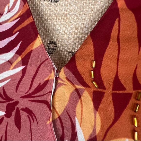 Sz 2P Kate Hill 100% Silk Red & Orange Beaded Faux Wrap Top - Picture 8 of 13